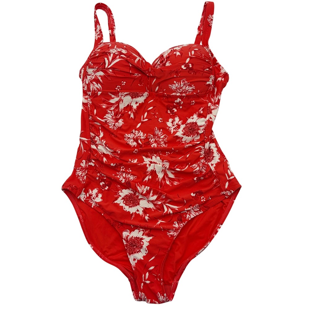 Nip Tuck Swim Red White Floral Ruched One Piece Swimsuit US 10 Multi Fit Cup